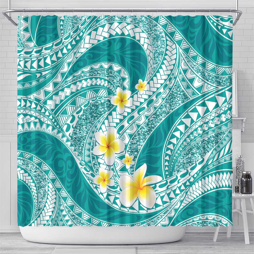 Plumeria Polynesian Teal Glitter Pattern Shower Curtain LT01 - Polynesian Pride