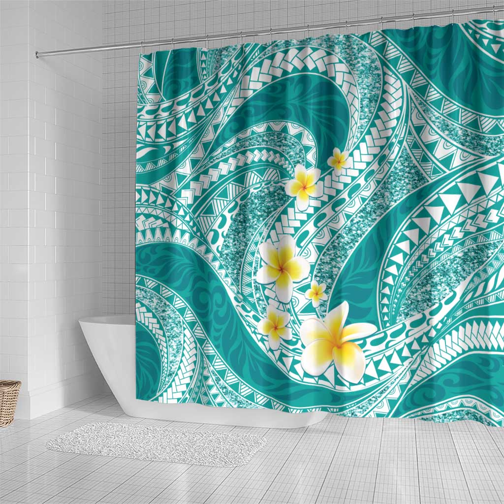 Plumeria Polynesian Teal Glitter Pattern Shower Curtain LT01 - Polynesian Pride