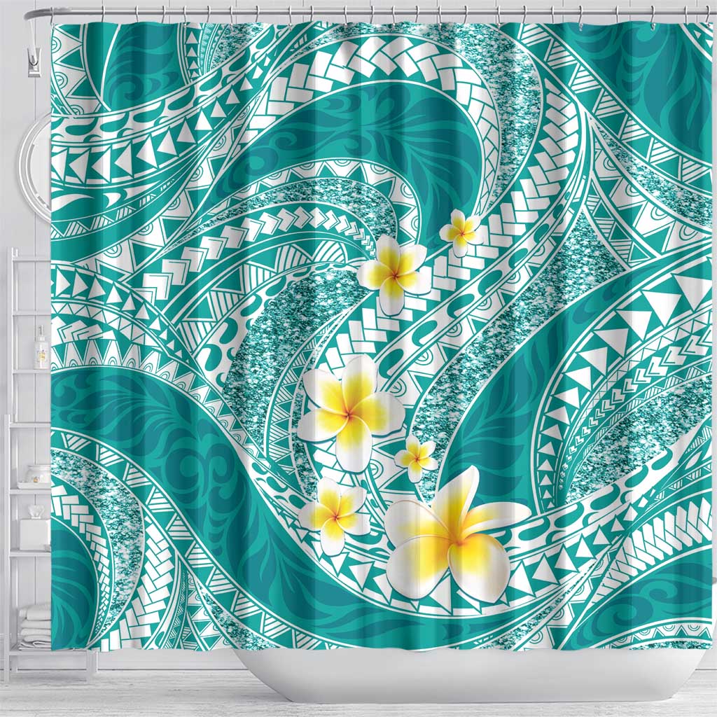 Plumeria Polynesian Teal Glitter Pattern Shower Curtain LT01 - Polynesian Pride