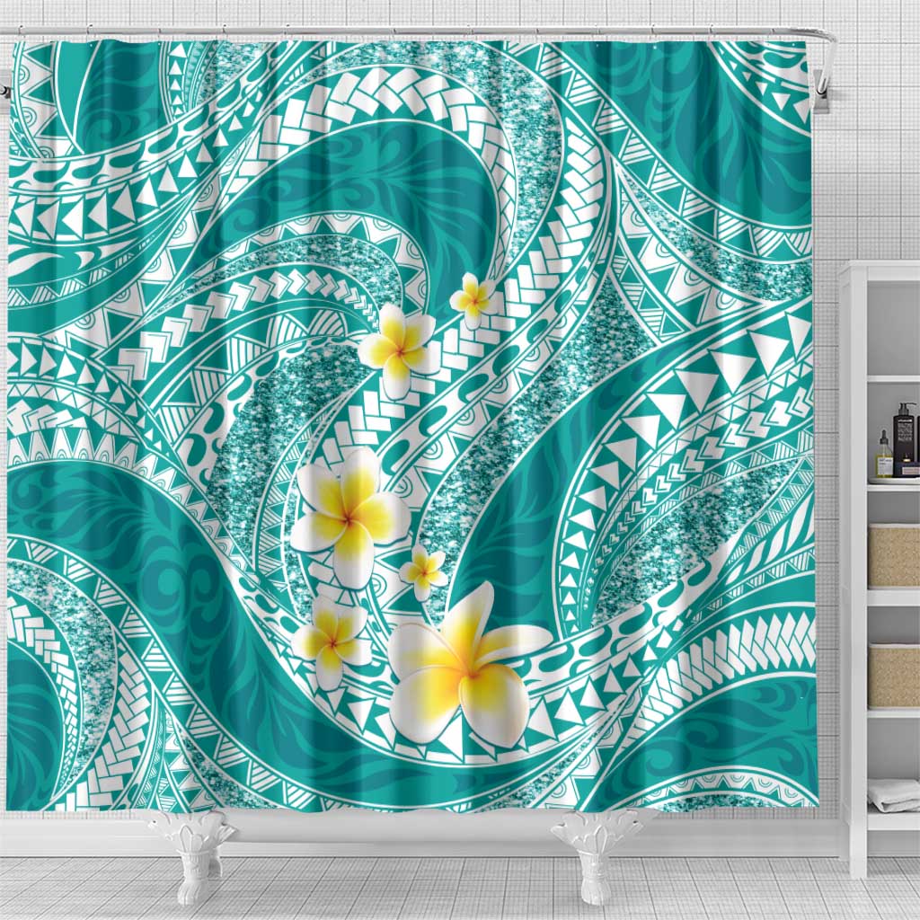 Plumeria Polynesian Teal Glitter Pattern Shower Curtain LT01 - Polynesian Pride