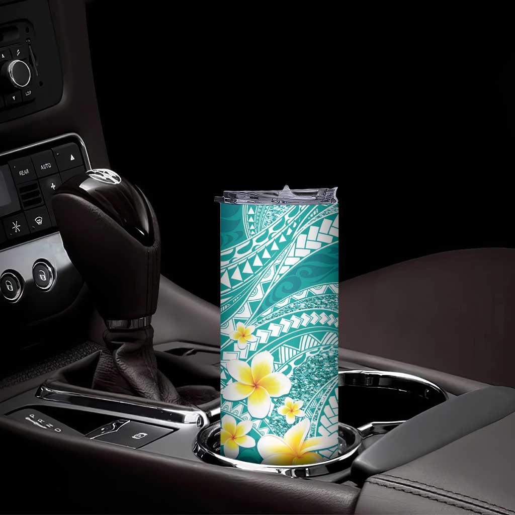 Plumeria Polynesian Teal Glitter Pattern Skinny Tumbler