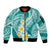 Plumeria Polynesian Teal Glitter Pattern Sleeve Zip Bomber Jacket