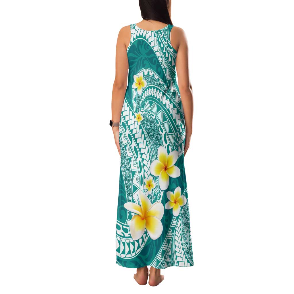 Plumeria Polynesian Teal Glitter Pattern Tank Maxi Dress