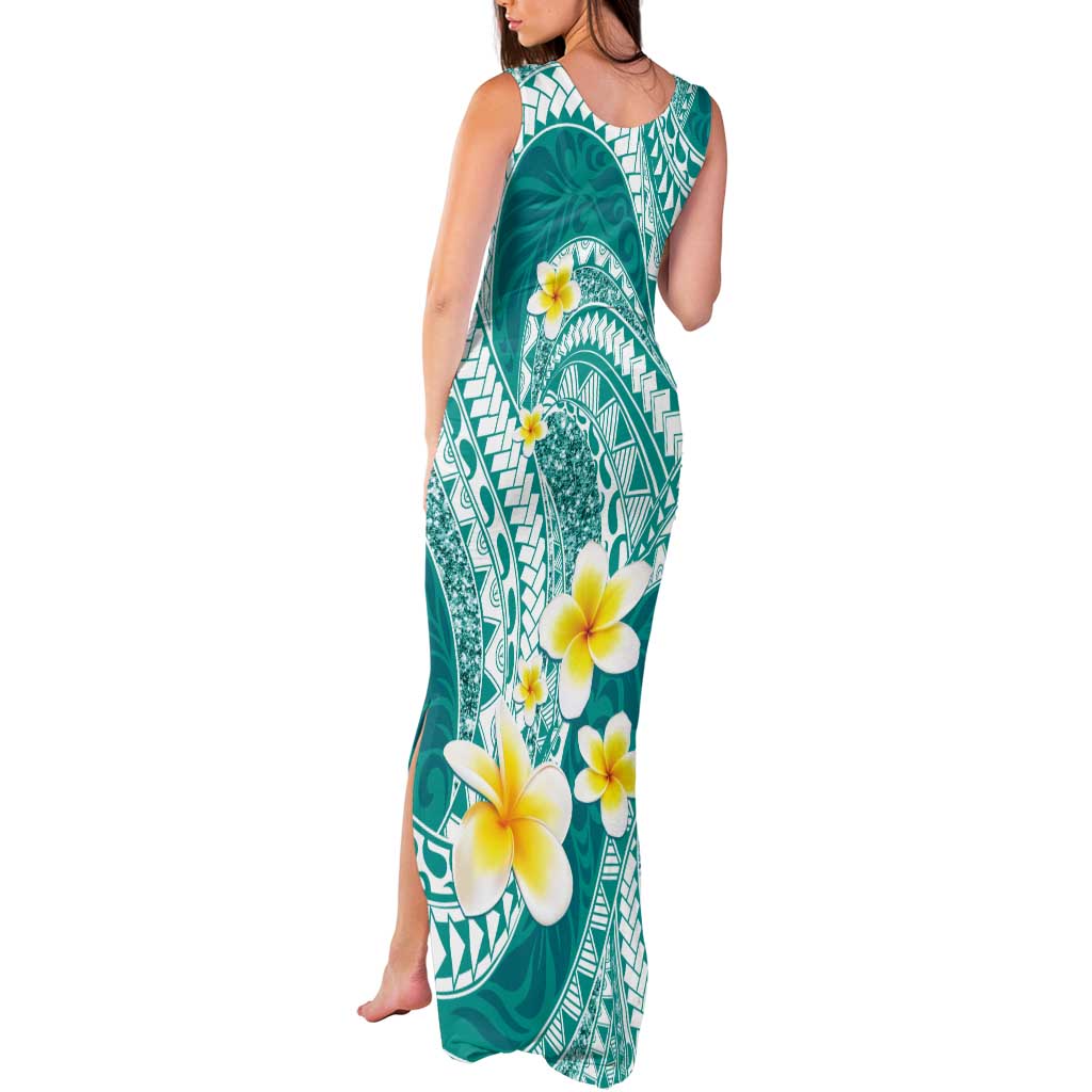 Plumeria Polynesian Teal Glitter Pattern Tank Maxi Dress