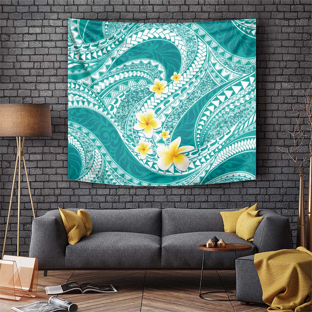 Plumeria Polynesian Teal Glitter Pattern Tapestry LT01 Teal - Polynesian Pride