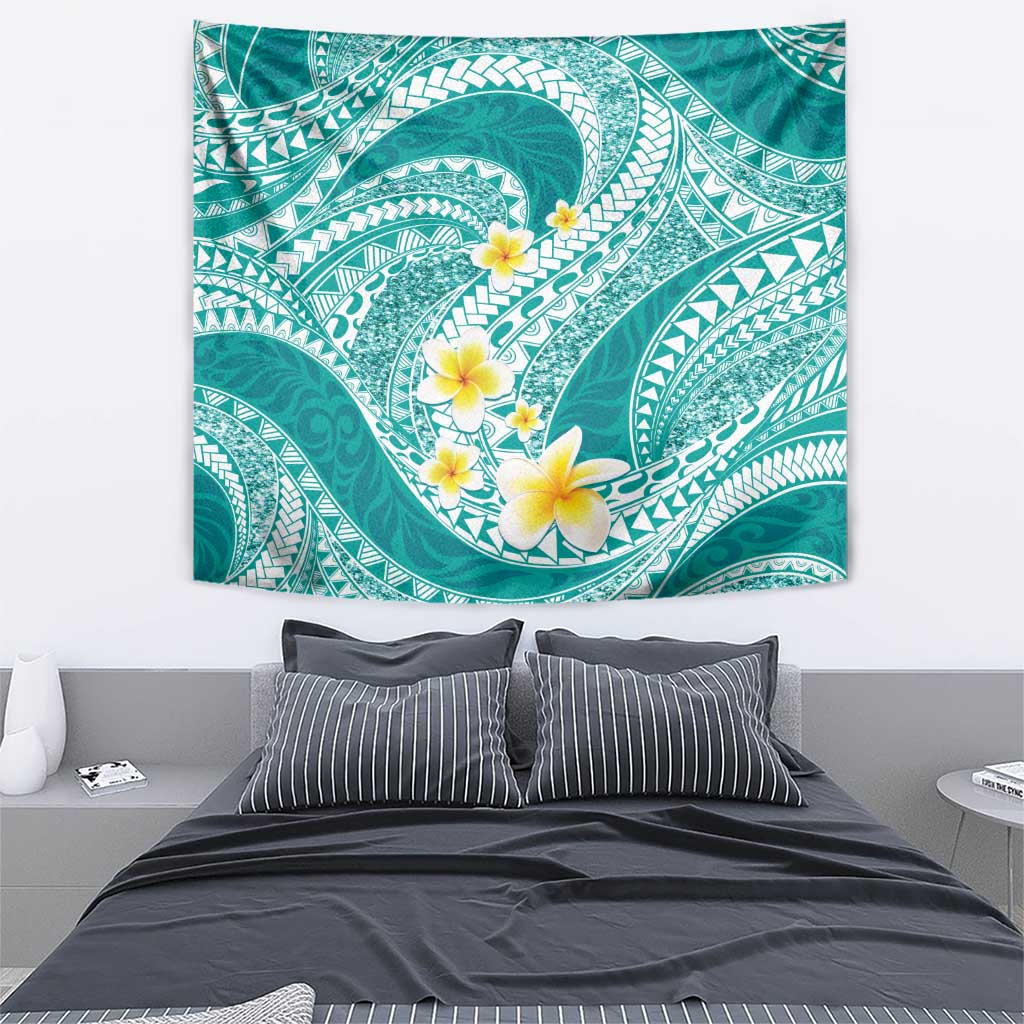 Plumeria Polynesian Teal Glitter Pattern Tapestry
