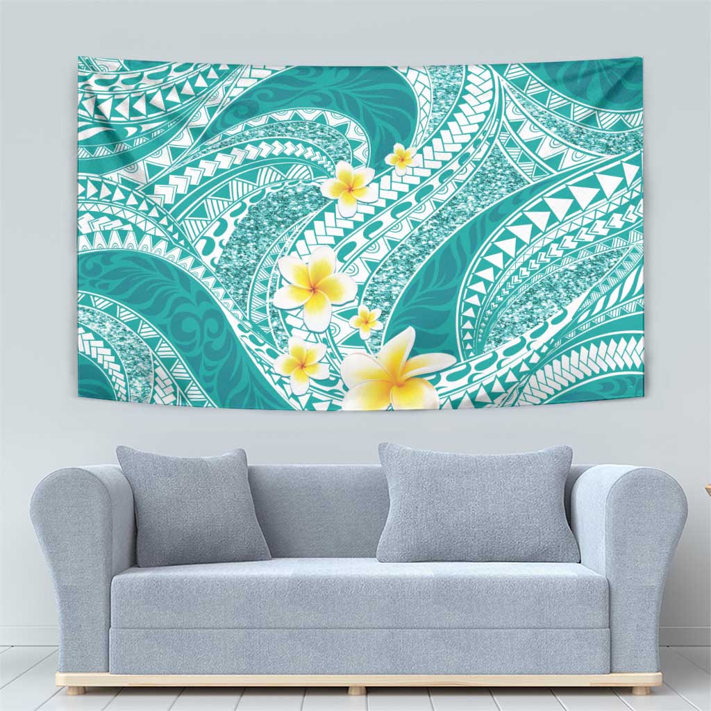 Plumeria Polynesian Teal Glitter Pattern Tapestry
