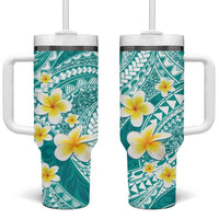 Plumeria Polynesian Teal Glitter Pattern Tumbler With Handle