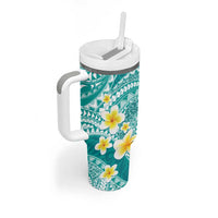 Plumeria Polynesian Teal Glitter Pattern Tumbler With Handle