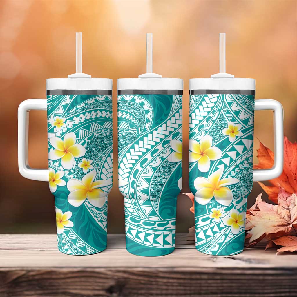 Plumeria Polynesian Teal Glitter Pattern Tumbler With Handle