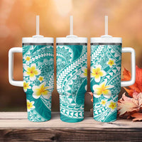 Plumeria Polynesian Teal Glitter Pattern Tumbler With Handle