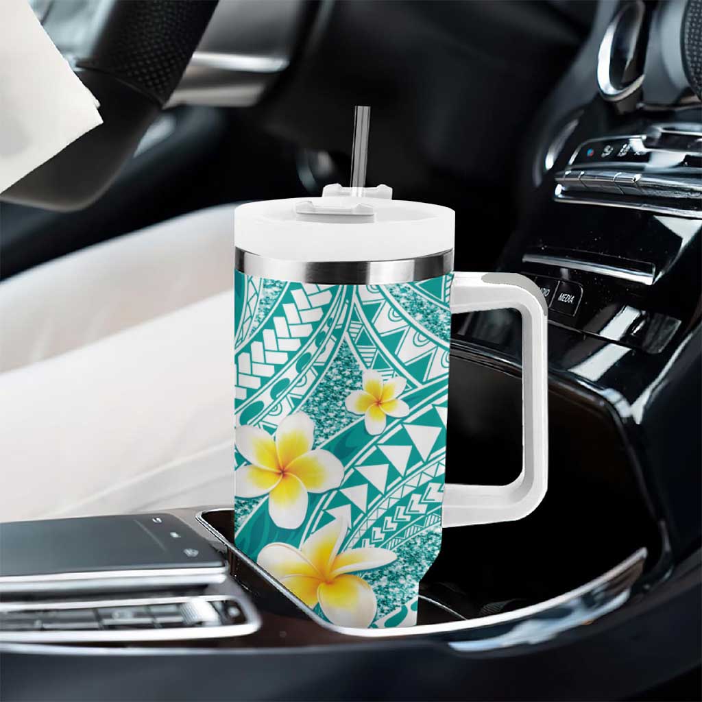 Plumeria Polynesian Teal Glitter Pattern Tumbler With Handle