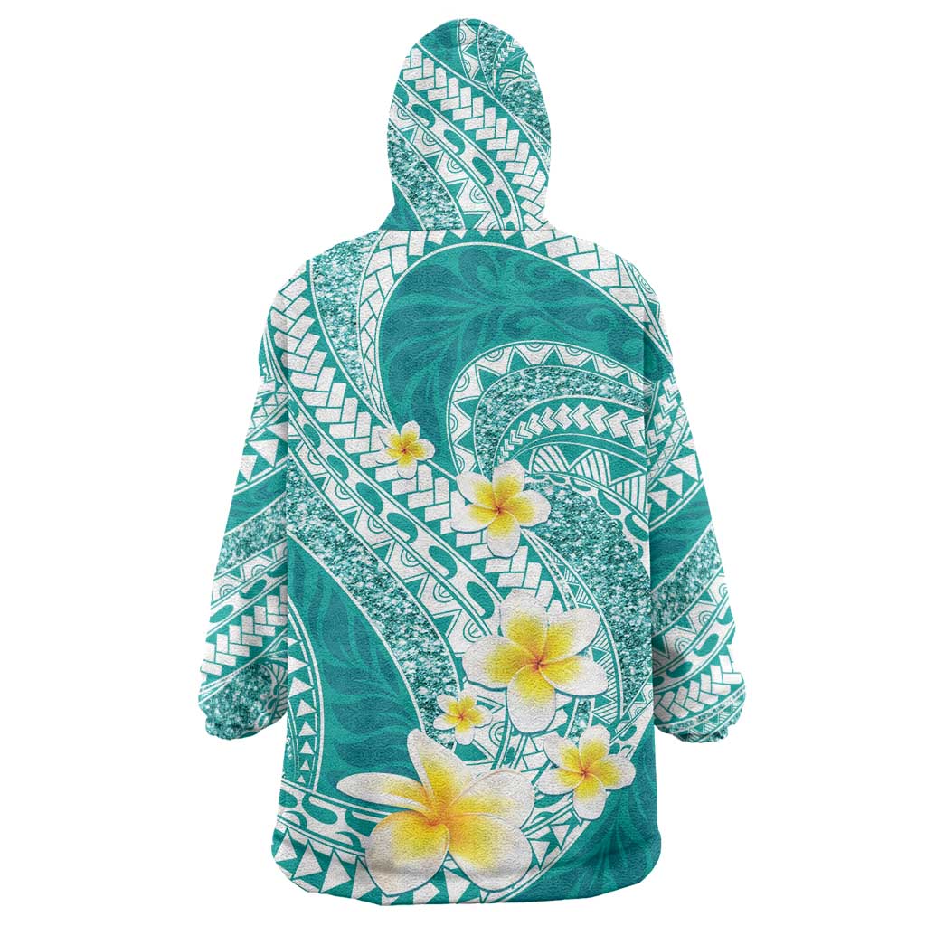Plumeria Polynesian Teal Glitter Pattern Wearable Blanket Hoodie
