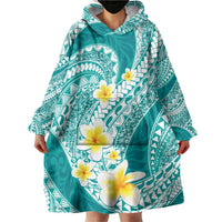Plumeria Polynesian Teal Glitter Pattern Wearable Blanket Hoodie
