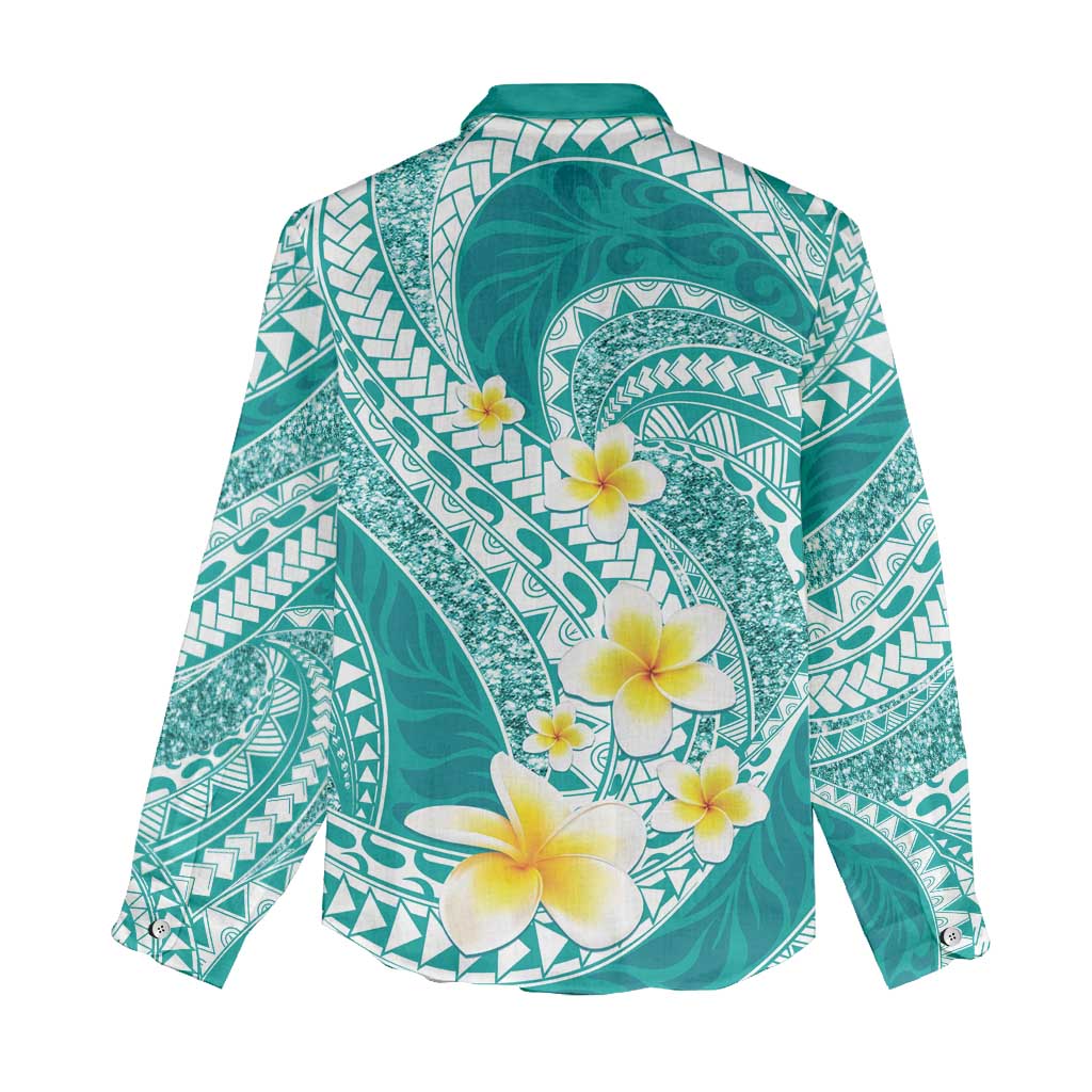 Plumeria Polynesian Teal Glitter Pattern Women Casual Shirt