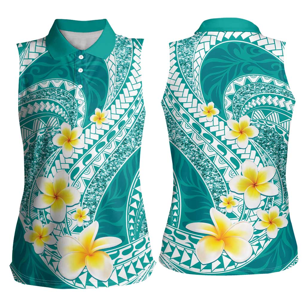 Plumeria Polynesian Teal Glitter Pattern Women Sleeveless Polo Shirt