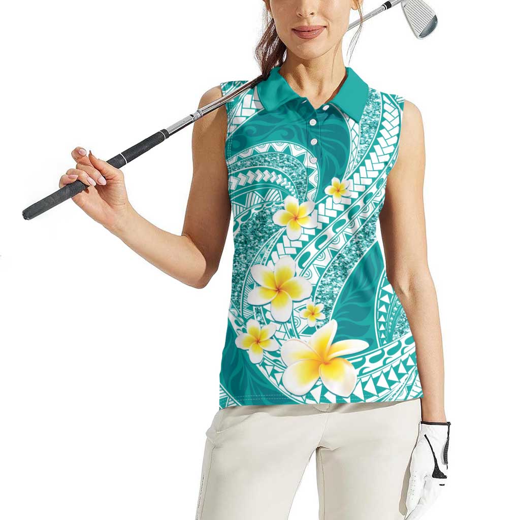 Plumeria Polynesian Teal Glitter Pattern Women Sleeveless Polo Shirt
