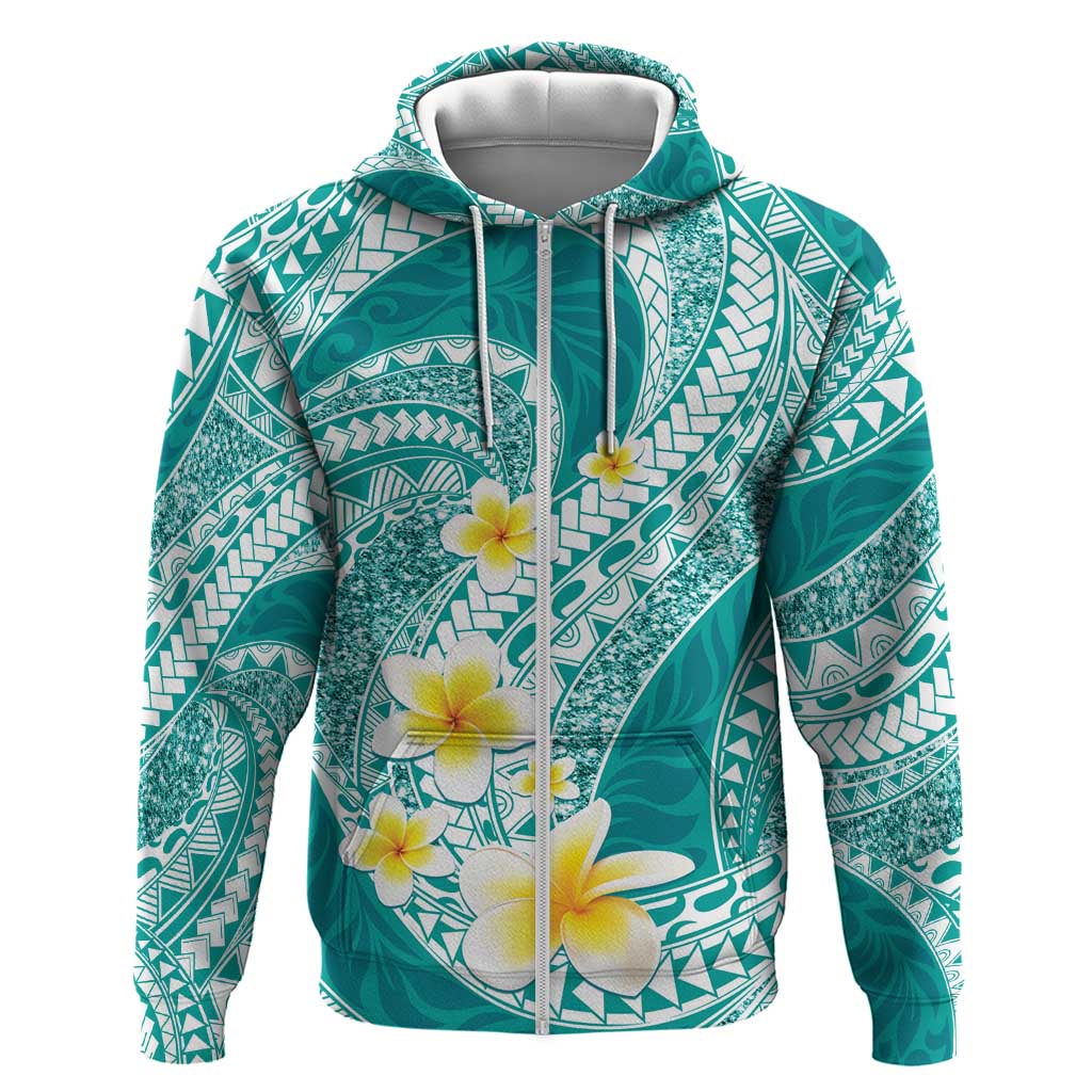 Plumeria Polynesian Teal Glitter Pattern Zip Hoodie LT01 Zip Hoodie Teal - Polynesian Pride