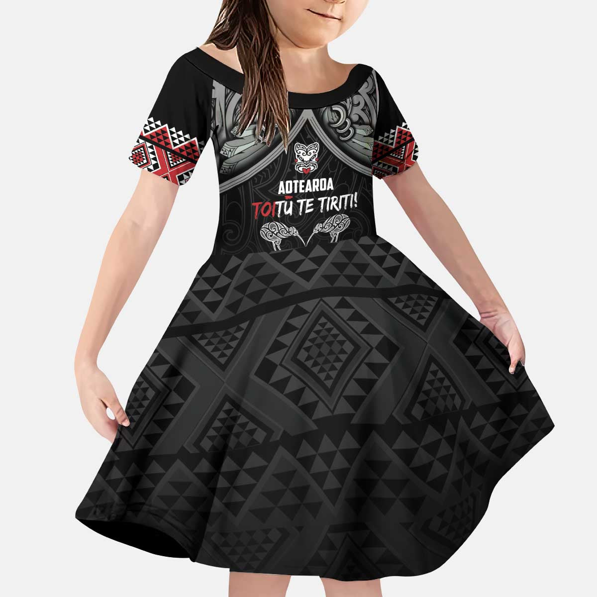Aotearoa Toitu Te Tiriti Waitangi Kid Short Sleeve Dress Proud To Be Maori LT01 KID Black - Polynesian Pride