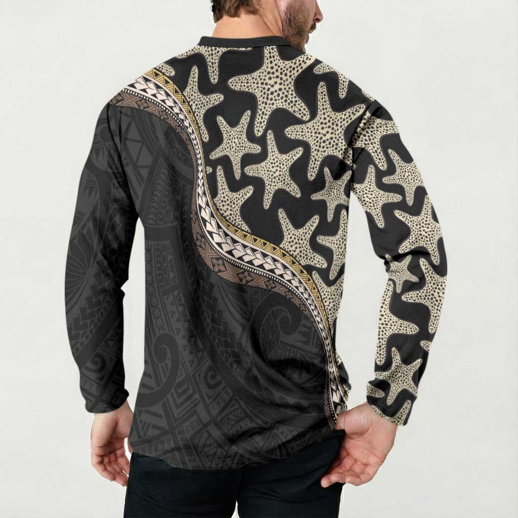 Beige Polynesian Starfish Unique Pattern Button Sweatshirt