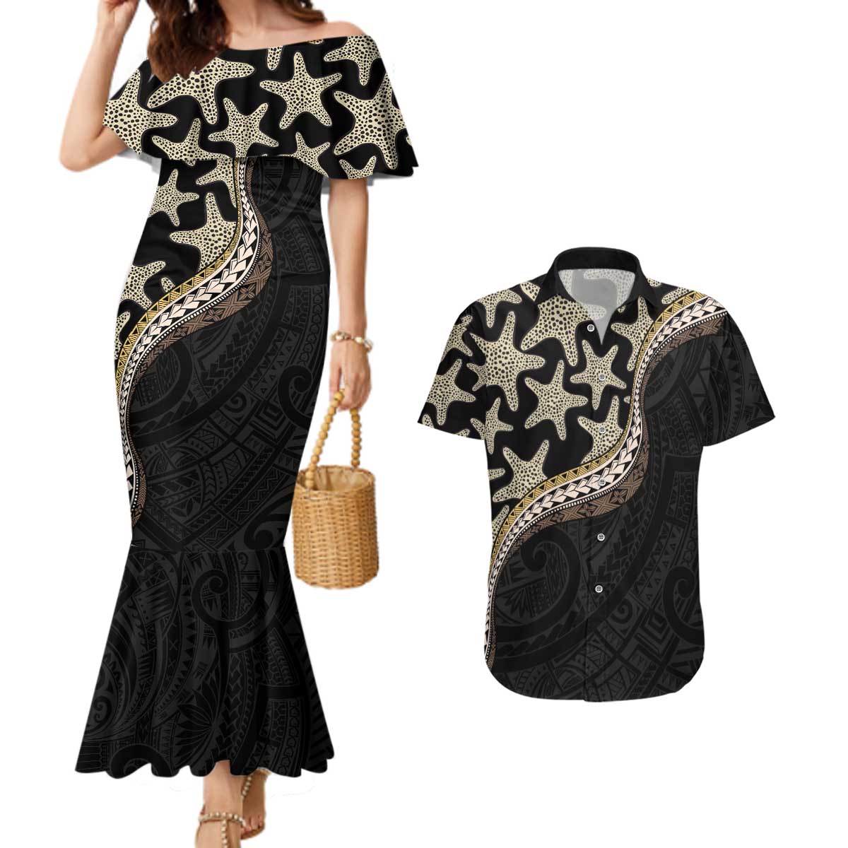 Beige Polynesian Starfish Unique Pattern Couples Matching Mermaid Dress and Hawaiian Shirt