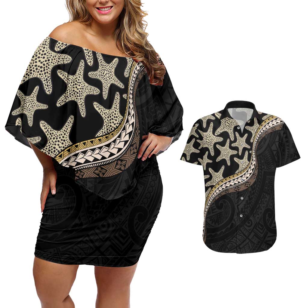 Beige Polynesian Starfish Unique Pattern Couples Matching Off Shoulder Short Dress and Hawaiian Shirt