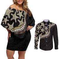Beige Polynesian Starfish Unique Pattern Couples Matching Off Shoulder Short Dress and Long Sleeve Button Shirt