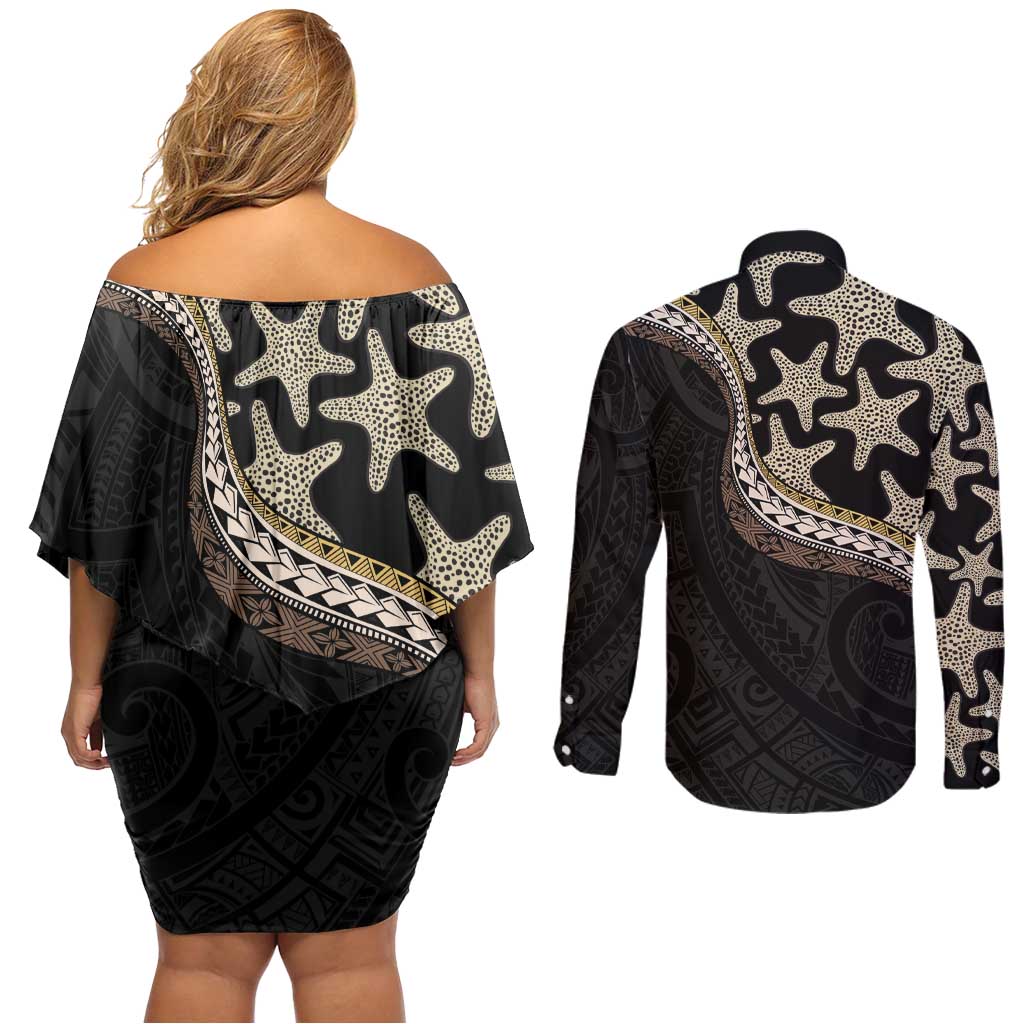 Beige Polynesian Starfish Unique Pattern Couples Matching Off Shoulder Short Dress and Long Sleeve Button Shirt