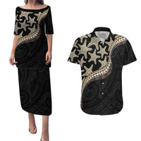 Beige Polynesian Starfish Unique Pattern Couples Matching Puletasi and Hawaiian Shirt