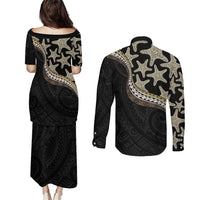 Beige Polynesian Starfish Unique Pattern Couples Matching Puletasi and Long Sleeve Button Shirt