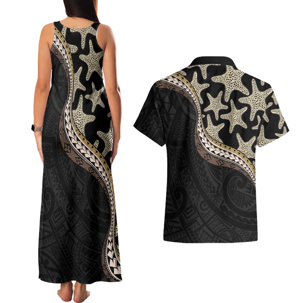 Beige Polynesian Starfish Unique Pattern Couples Matching Tank Maxi Dress and Hawaiian Shirt