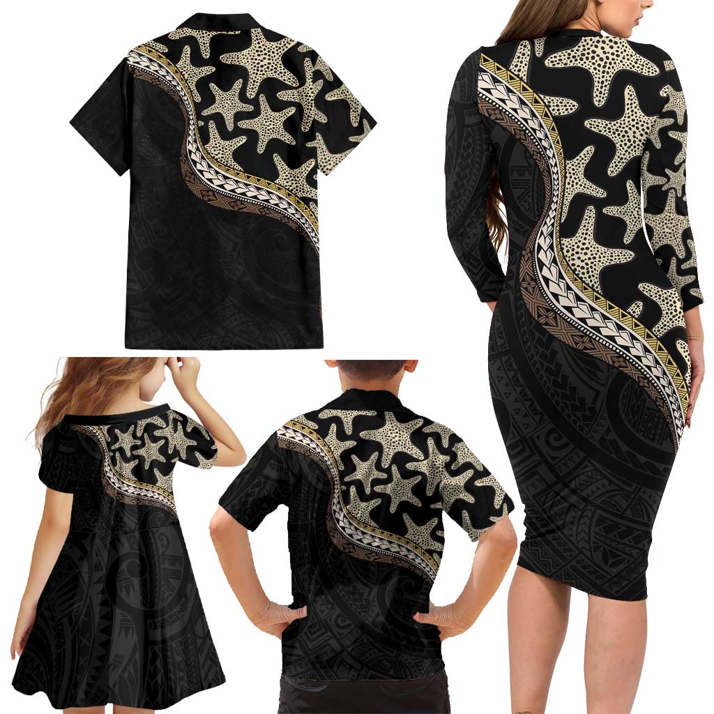 Beige Polynesian Starfish Unique Pattern Family Matching Long Sleeve Bodycon Dress and Hawaiian Shirt