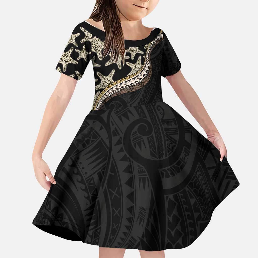 Beige Polynesian Starfish Unique Pattern Family Matching Mermaid Dress and Hawaiian Shirt