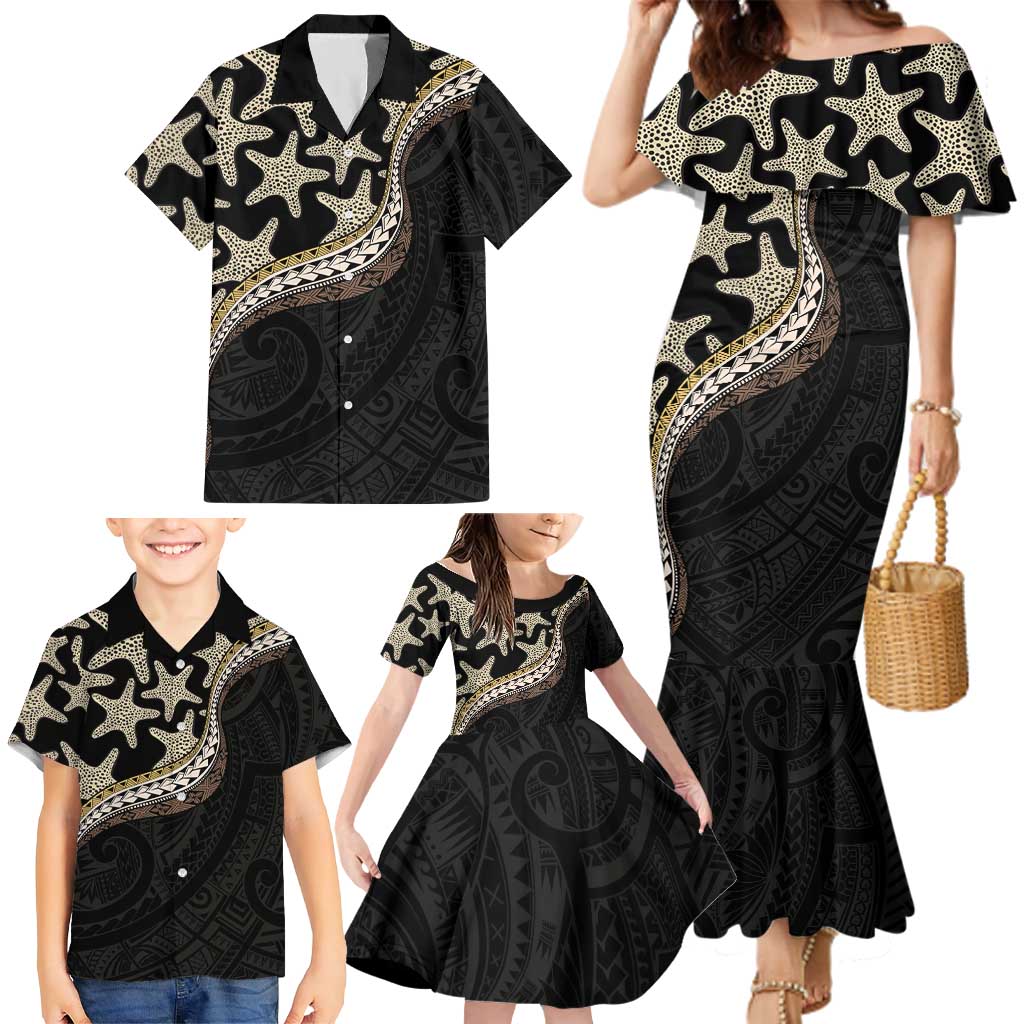 Beige Polynesian Starfish Unique Pattern Family Matching Mermaid Dress and Hawaiian Shirt