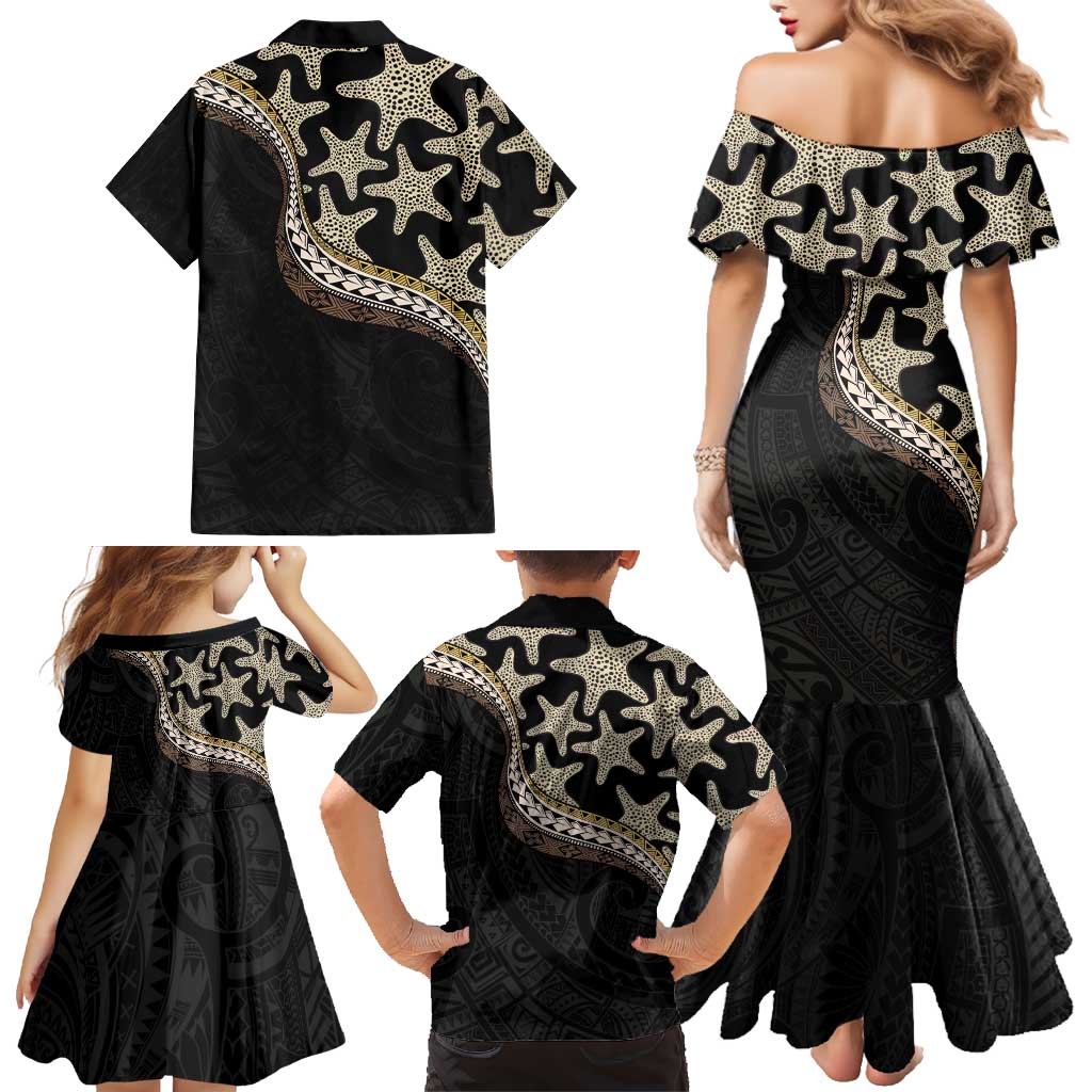 Beige Polynesian Starfish Unique Pattern Family Matching Mermaid Dress and Hawaiian Shirt