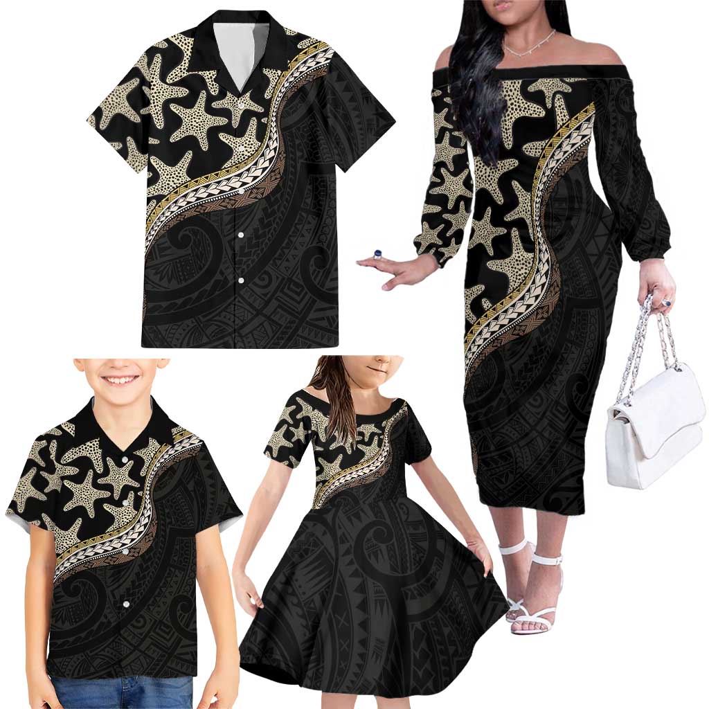 Beige Polynesian Starfish Unique Pattern Family Matching Off The Shoulder Long Sleeve Dress and Hawaiian Shirt LT01 - Polynesian Pride
