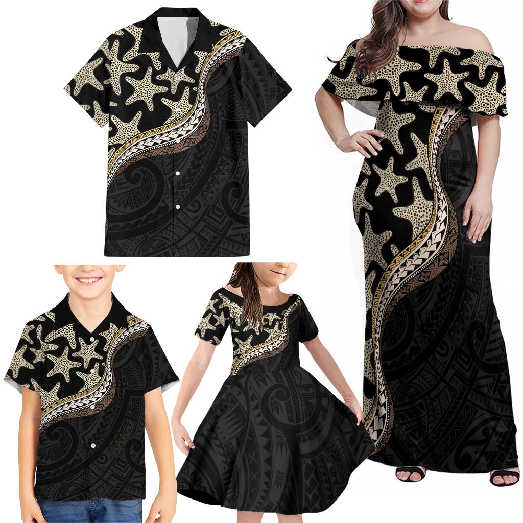 Beige Polynesian Starfish Unique Pattern Family Matching Off Shoulder Maxi Dress and Hawaiian Shirt LT01 - Polynesian Pride