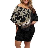 Beige Polynesian Starfish Unique Pattern Family Matching Off Shoulder Short Dress and Hawaiian Shirt LT01 Mom's Dress Beige - Polynesian Pride