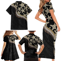 Beige Polynesian Starfish Unique Pattern Family Matching Short Sleeve Bodycon Dress and Hawaiian Shirt