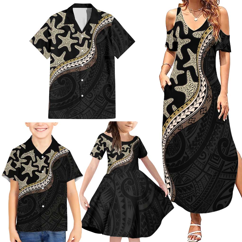Beige Polynesian Starfish Unique Pattern Family Matching Summer Maxi Dress and Hawaiian Shirt
