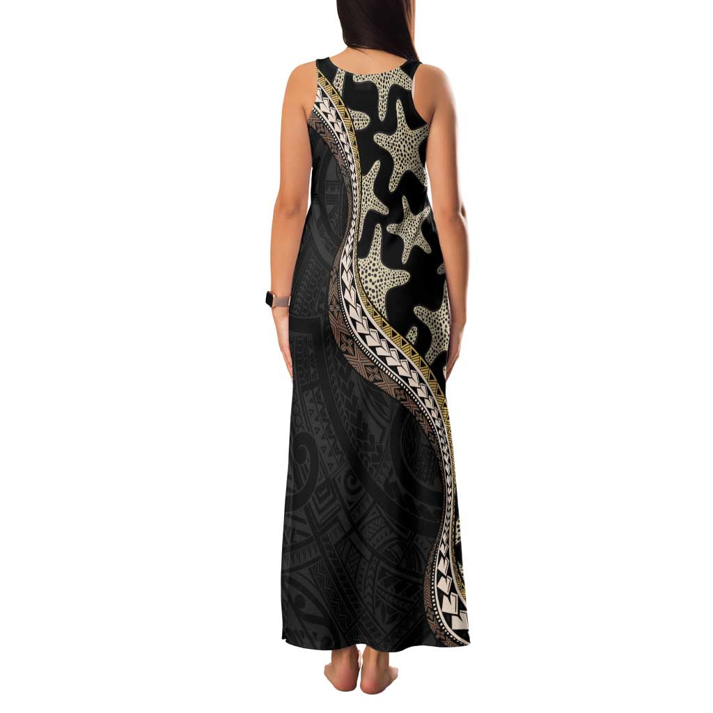 Beige Polynesian Starfish Unique Pattern Family Matching Tank Maxi Dress and Hawaiian Shirt