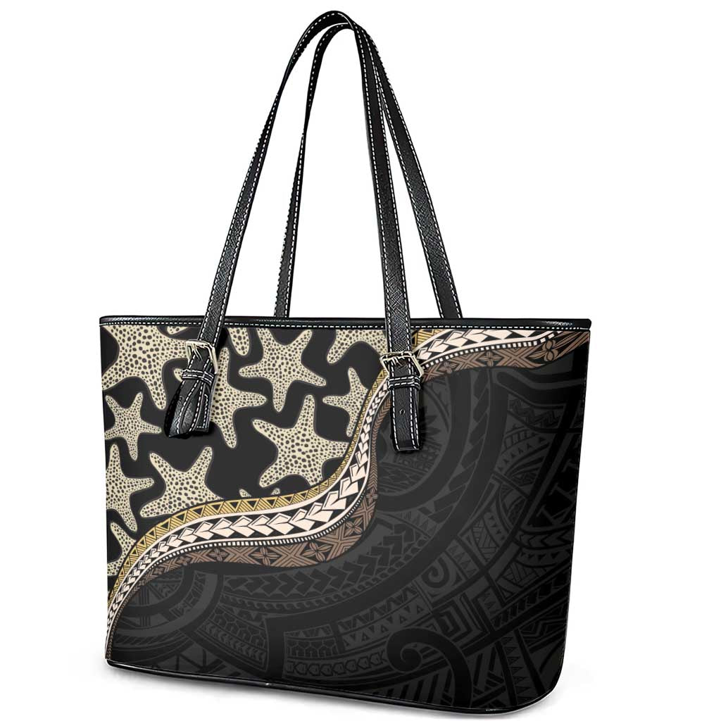 Beige Polynesian Starfish Unique Pattern Leather Tote Bag