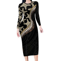 Beige Polynesian Starfish Unique Pattern Long Sleeve Bodycon Dress