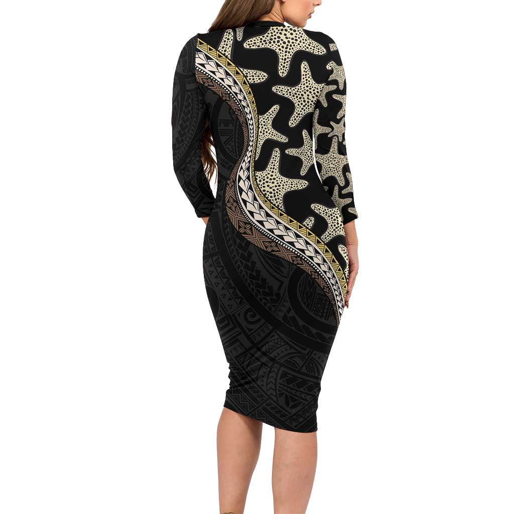 Beige Polynesian Starfish Unique Pattern Long Sleeve Bodycon Dress