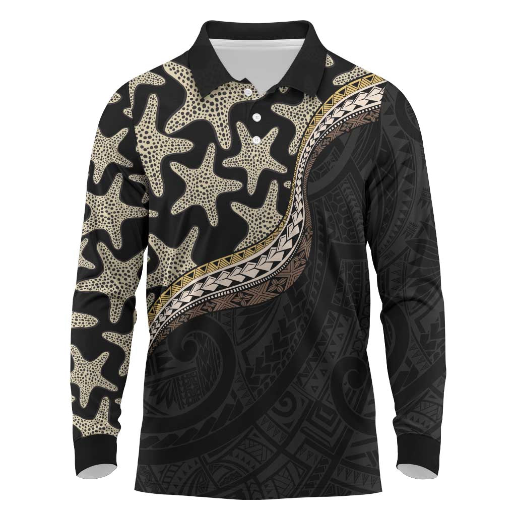 Beige Polynesian Starfish Unique Pattern Long Sleeve Polo Shirt