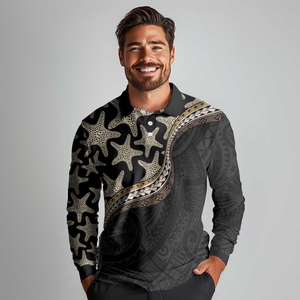 Beige Polynesian Starfish Unique Pattern Long Sleeve Polo Shirt