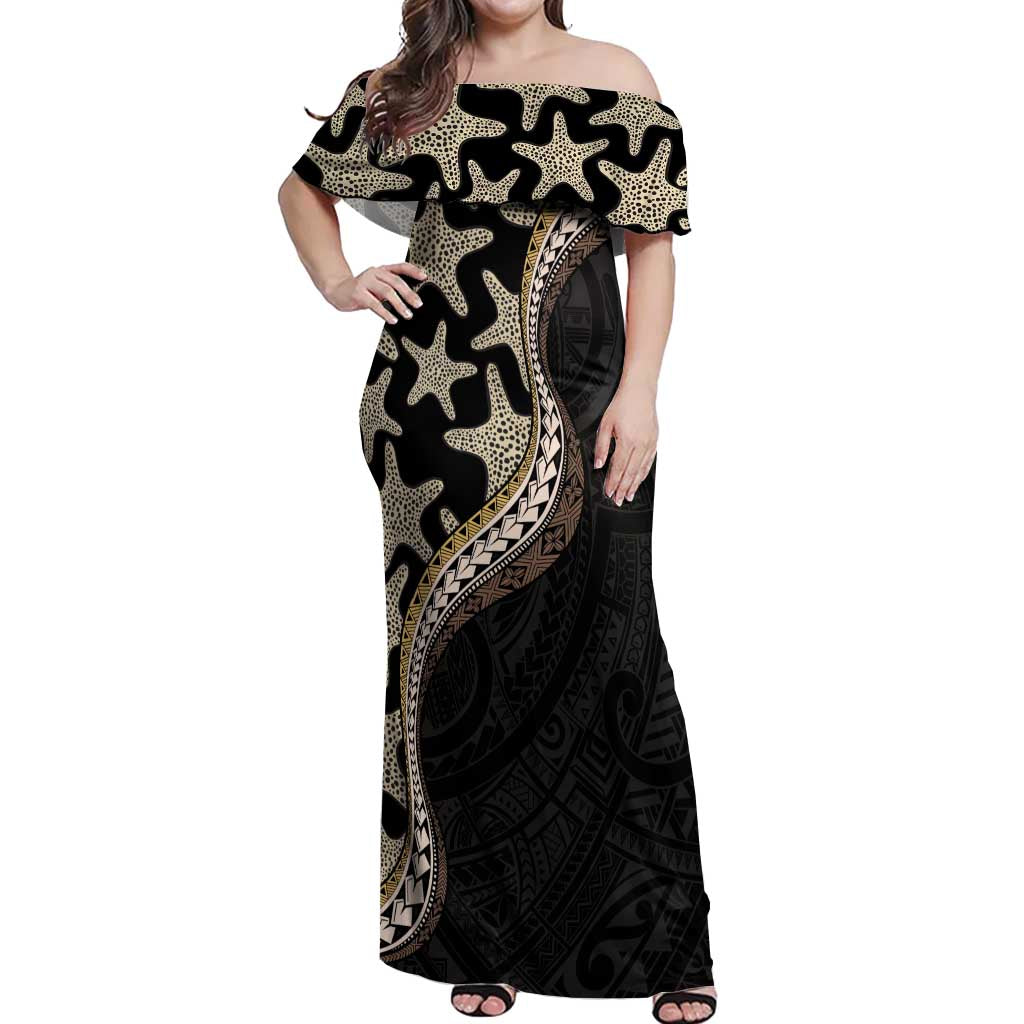 Beige Polynesian Starfish Unique Pattern Off Shoulder Maxi Dress