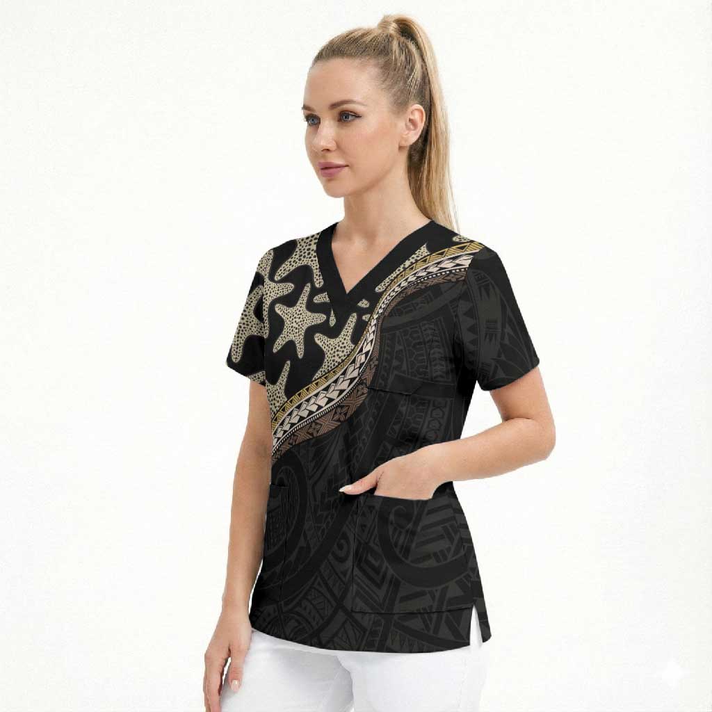 Beige Polynesian Starfish Unique Pattern Scrub Top