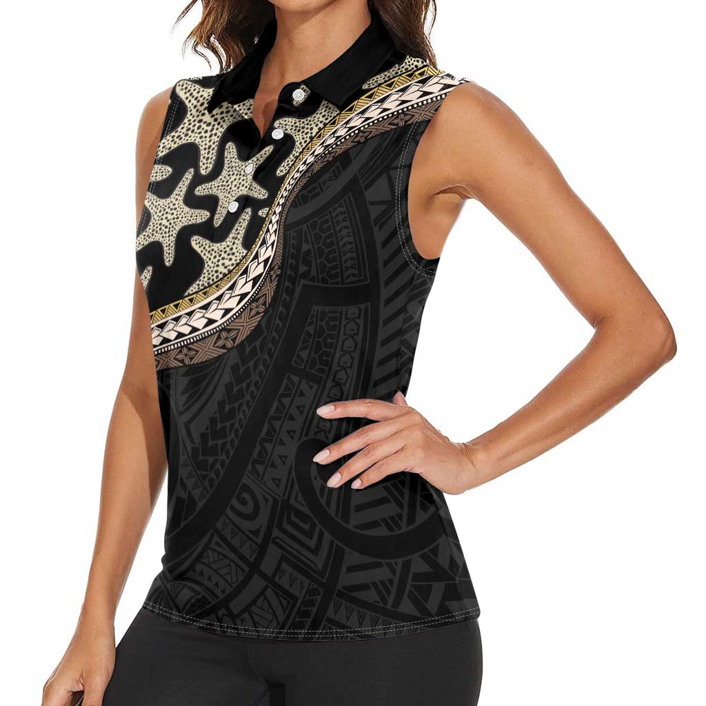 Beige Polynesian Starfish Unique Pattern Women Sleeveless Polo Shirt