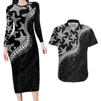 Monotone Polynesian Starfish Unique Pattern Couples Matching Long Sleeve Bodycon Dress and Hawaiian Shirt